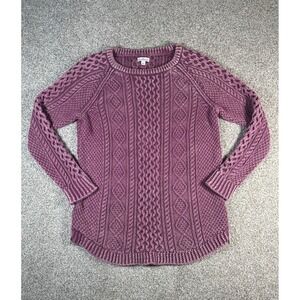 LL Bean Signature Womens Large Purple Cotton Cable Knit Sweater Side Zip 297471
